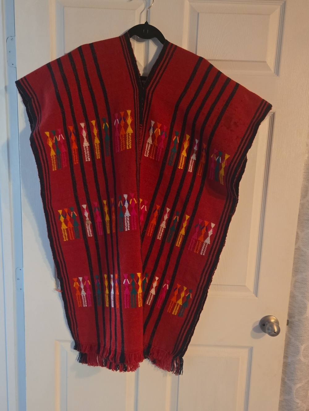 Guatemalan Serape Red Embroidered Traditional Poncho 76" X 30"